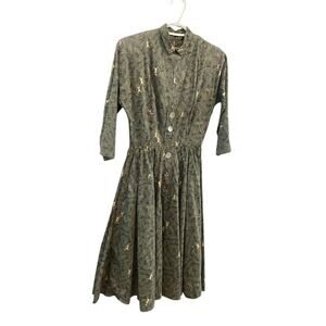 Vintage Jonathan Logan Women Dress 50s Green Safari Antelope Size XS? Zoo Africa
